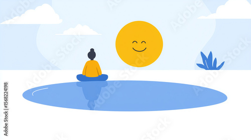 Simple minimalist scene of person sitting cross legged by calm blue pond under smiling sun with clouds and plants, evoking peaceful and happy emotions