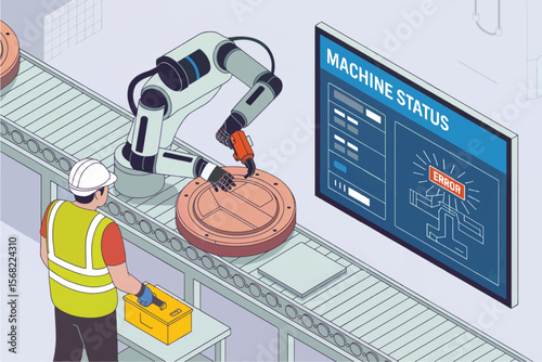 Industrial robot arm and worker inspect manufacturing line with machine status screen showing an error alert isolated on white background