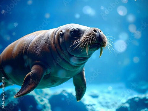 Walrus swimming gracefully in a serene blue underwater habitat