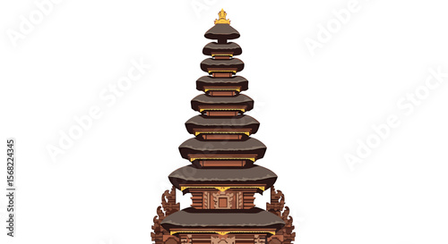 A stylized illustration of a Balinese temple, showcasing its tiered roof and intricate details against a white background.