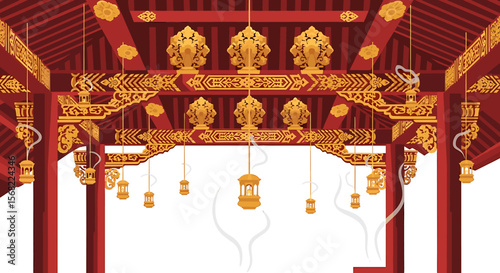 Intricate illustration of a traditional Asian architectural structure, featuring ornate details.