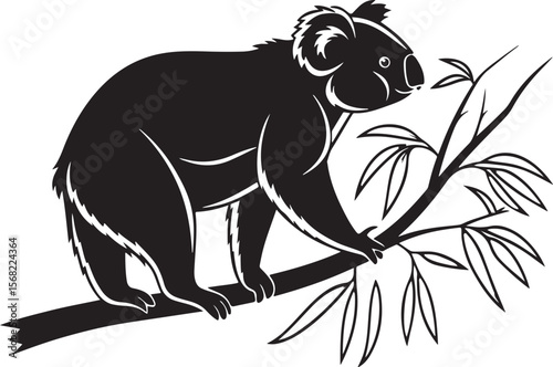 Silhouette illustration of a koala bear resting on a branch amongst eucalypt leaves