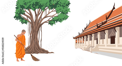 A Buddhist monk sweeps the grounds near a large tree and a traditional Thai temple.