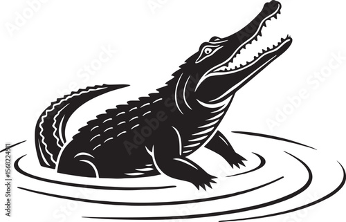 A powerful black and white illustration of an alligator with open jaws in water