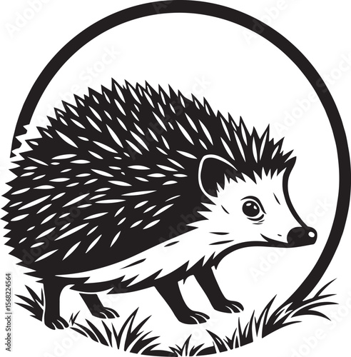 Adorable vector illustration of a spiky hedgehog in a black and white circular frame