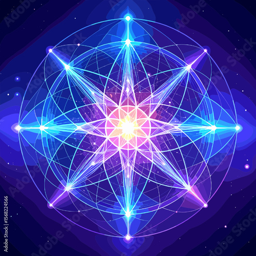 Vibrant Sacred Geometry Featuring Complex Geometric Shapes on Dark Purple Background Generates Mystical Artistic Design