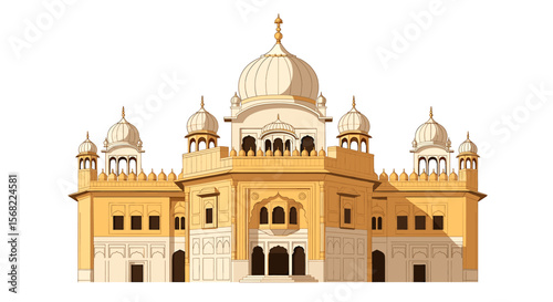 Illustration of a traditional Indian building with domes, arches, and intricate architectural details, set against a white background.