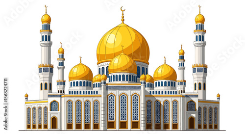 Majestic golden-domed mosque, intricate details, architectural splendor, Islamic design.