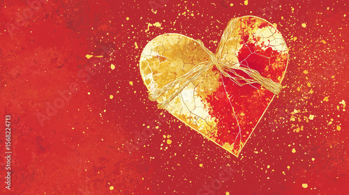 Broken heart illustration tied with string on red background with gold splatter, symbolizing emotional healing and mending love with artistic texture and warm colors