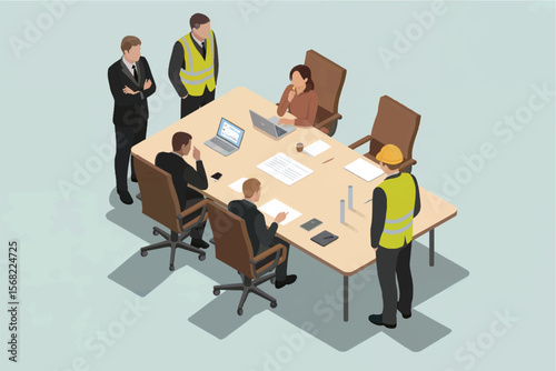Diverse team of professionals including construction workers and executives in a meeting discussing project plans on a table isolated on white background
