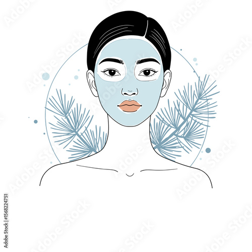 Young woman with mask on her face against pine branches
