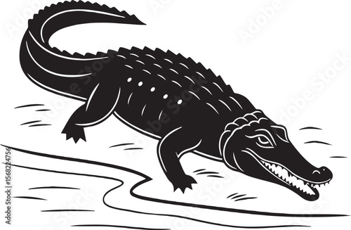 Black and white vector illustration of a realistic alligator in a natural environment