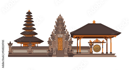 Illustration of a Balinese temple complex featuring a pagoda, gate, and gong pavilion on a white background.