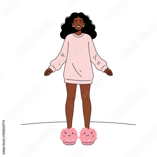 Young Black woman smiling in pink sweater and fluffy slippers  