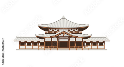 A stylized illustration of a traditional Japanese temple, showcasing its intricate architecture and layered roofs.
