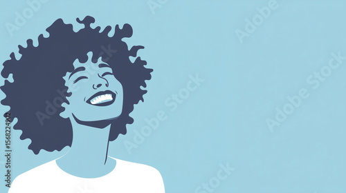 Smiling woman with curly hair in minimalist blue tones expressing happiness and confidence with bright smile and closed eyes on plain background