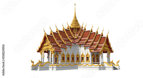A detailed rendering of a traditional Thai temple structure, isolated on white.