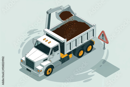 Isometric view of a white dump truck with a mechanical arm loading dirt into its bed isolated on white background