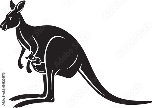 Silhouette illustration of a mother kangaroo with her joey joey in her pouch isolated