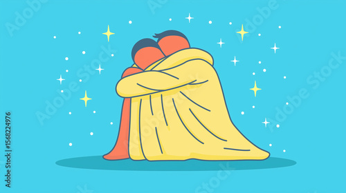 Warm hug illustration with two people wrapped in yellow blanket, expressing comfort and affection under starry blue sky background