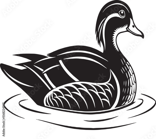 Elegant black and white illustration of a wood duck floating on water silhouette