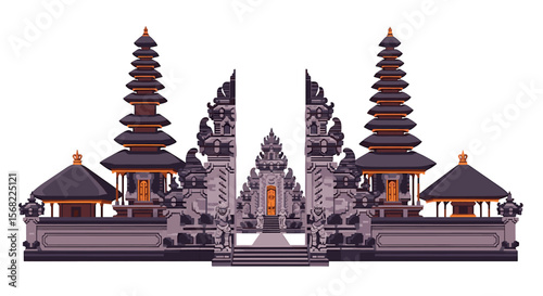 Balinese temple complex, detailed illustration, traditional architecture.