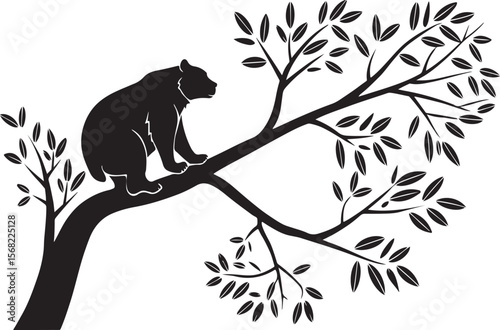 Silhouette of a bear perched on a tree branch with foliage in a minimalist vector design