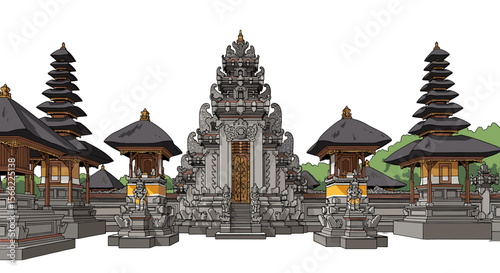 Colorful illustration of Balinese temple complex, showcasing intricate architecture and traditional design.