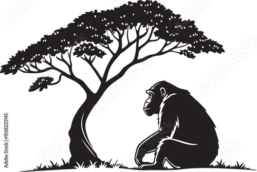 Silhouette of a gorilla sitting under a shady african tree in a black and white scene