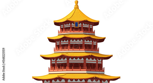 A majestic, multi-tiered Chinese pagoda, rendered in vibrant red and gold, stands against a white background.