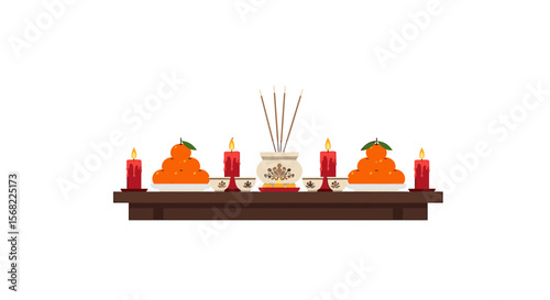 A traditional Asian altar arrangement with oranges, candles, incense, and offerings.