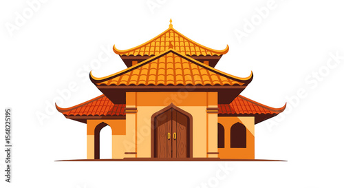 A stylized illustration of a traditional Asian building with a tiled roof.