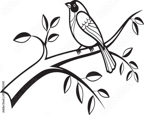 Black and white illustration of a bird perched on a branch with green leaves
