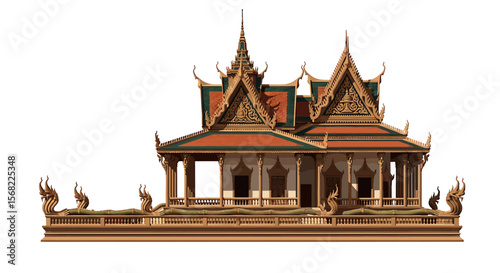 Ornate Khmer temple structure, detailed facade, isolated on white background.