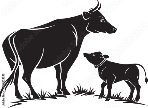 Black and white illustration of a cow standing with its calf on a grassy field
