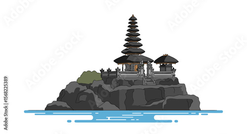 Stylized illustration of a Balinese temple on a rocky island, reflecting in water.