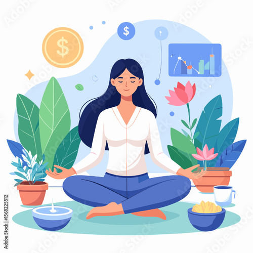 Woman Meditating Amidst Lush Green Plants With Financial Growth Charts In Background Under Soft Natural Light