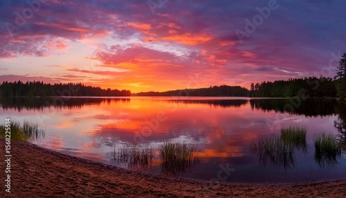 a stunning sunset over a tranquil lake with vibrant orange and pink hues reflecting on the water s surface