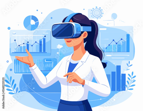 Woman in Vr Headset Interacting With Digital Graphs and Charts in a Futuristic Metaverse Environment Displayed on a White Background Featuring Technological Innovation