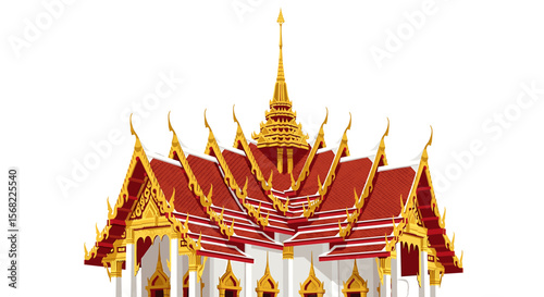 Ornate red and gold Thai temple roof detail against a white background.