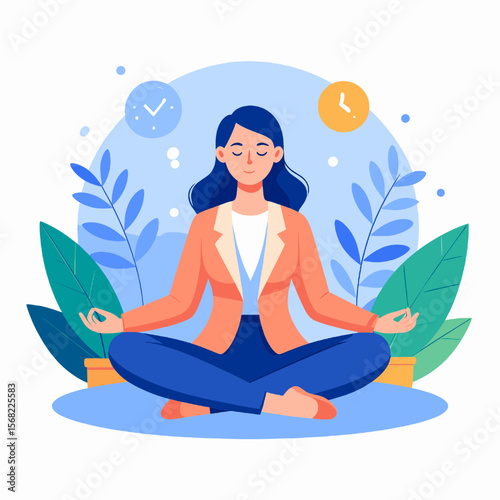 Woman Meditating in Lotus Position Surrounded by Green Plants in Indoor Setting for Relaxation and Mindfulness Illustration Vector Graphic Flat Design