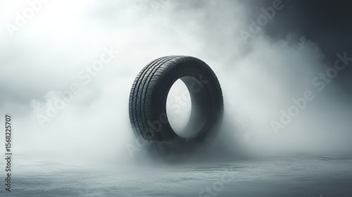 Dramatic car tire spinning on a misty road, creating an ethereal vapor trail. This powerful automotive imagery symbolizes speed and motion.