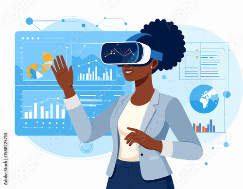 Woman Using Virtual Reality Headset Analyzing Business Data Charts with Blue Interface in a Modern Office Setting