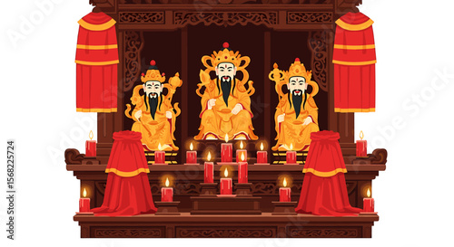 Ornate wooden shrine with golden deities and red drapes, featuring candles and offerings.