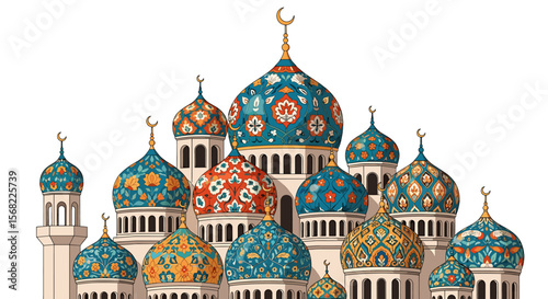 A vibrant illustration of numerous intricately decorated mosque domes, showcasing diverse patterns and colors against a white background.