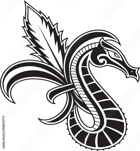 Elegant black and white vector illustration of a mythical dragon creature design
