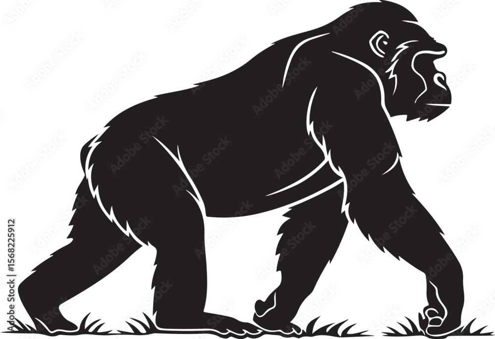 Fototapeta premium Silhouette illustration of a powerful silverback gorilla walking on grassy terrain with detailed outlines
