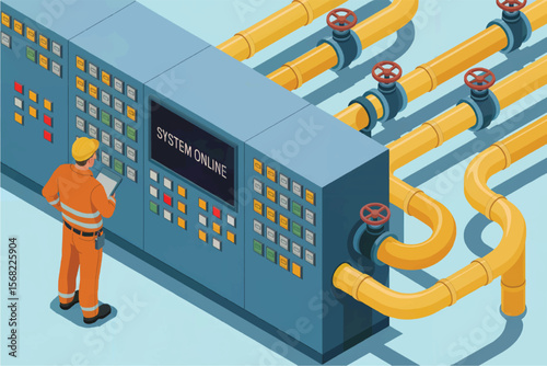 A technician in an orange uniform inspects a control panel with a tablet in a factory with yellow pipes and valves isolated on white background