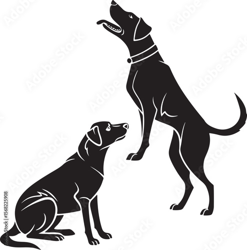 Silhouette illustration of two black dogs posing with one looking upward and one sitting down