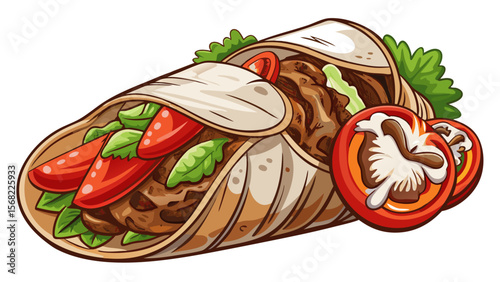 Gyros meat, from Greece, is sliced thin, layered with creamy tzatziki and tomato, capturing texture contrast on a clean white background.